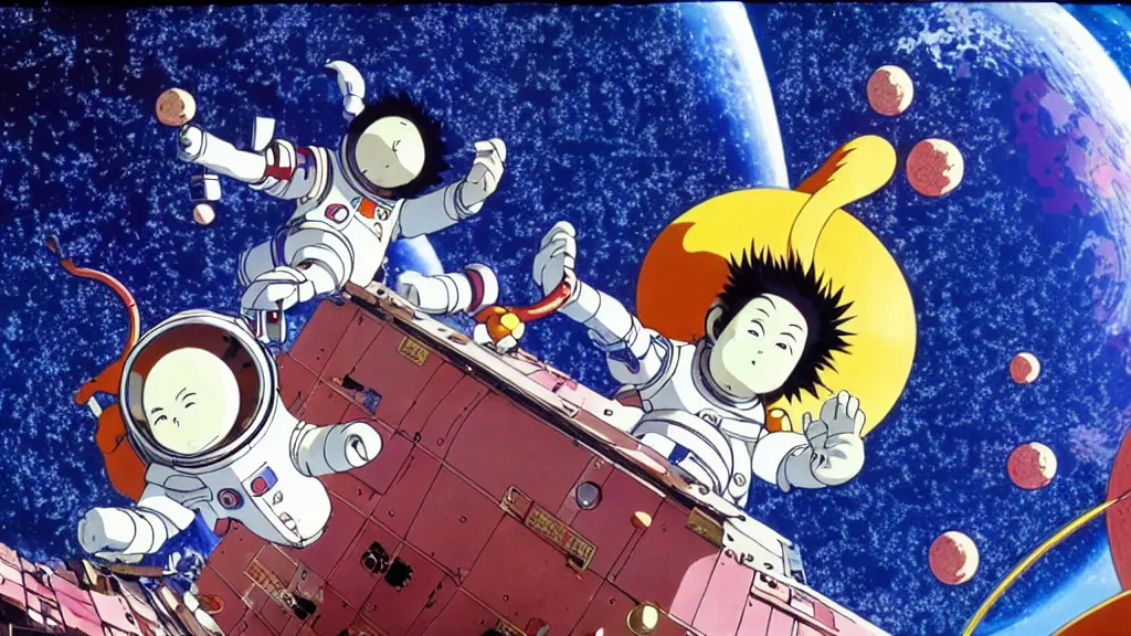 Prompt: monkey exploring space, anime film still from the an anime directed by katsuhiro otomo with art direction by salvador dali, wide lens