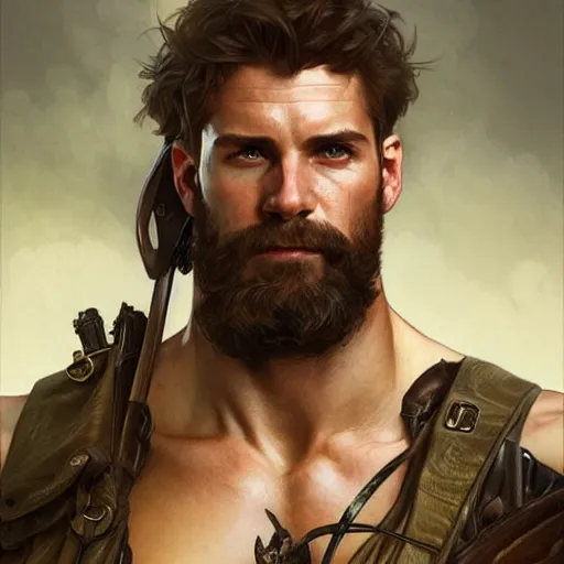 Image similar to portrait of rugged male ranger, d & d, muscular, fantasy, intricate, elegant, highly detailed, digital painting, artstation, concept art, smooth, sharp focus, illustration, art by artgerm and greg rutkowski and alphonse mucha