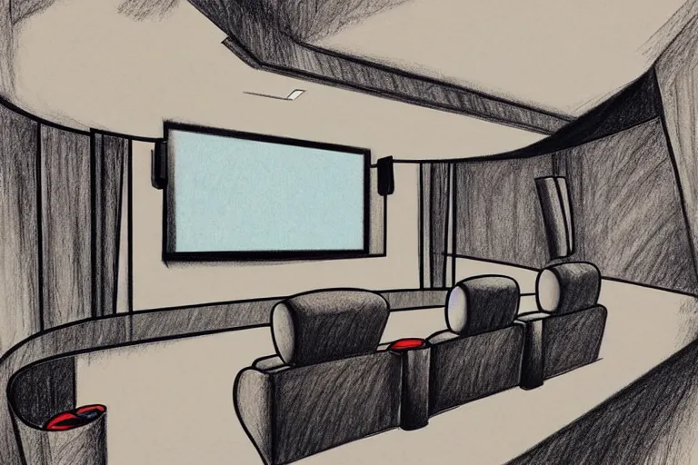 Image similar to a modern home movie theater, sleek, comfortable, stylish decor, popcorn machine, movie posters, designed by kelly wearstler, detailed rough color pencil sketch illustration