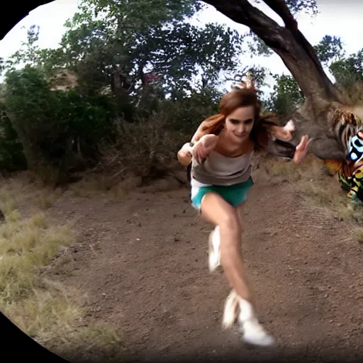 Image similar to screenshot of go pro footage from front view emma watson running in front of tiger over shoulder tiger behind emma