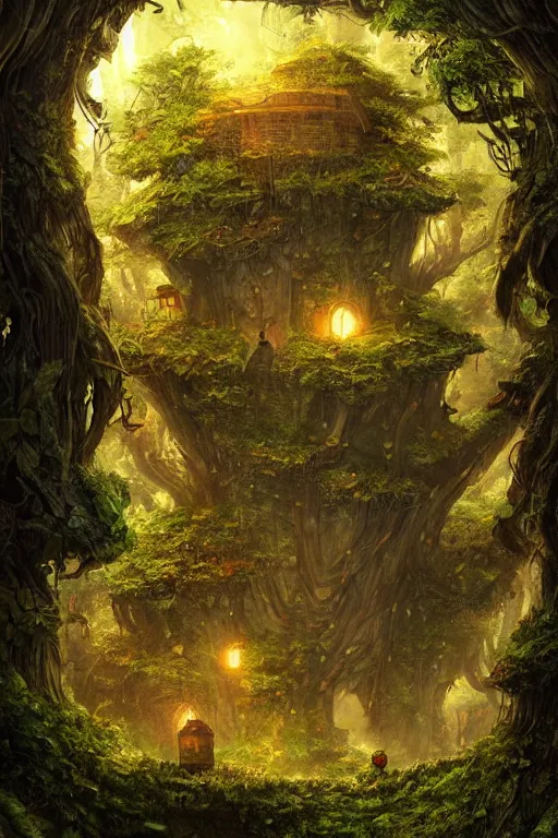 Prompt: a miniature city built into the trunk of a single colossal tree in the forest, with tiny people, in the style of andreas rocha, lit windows, close - up, low angle, wide angle, awe - inspiring, highly detailed digital art