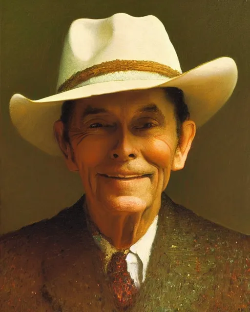 Image similar to portrait, Hank Williams Sr wearing hat, smiling, impasto, Jean-Leon Gerome, chuck close:7, carl spitzweg:7, cinematic light, full face, symmetrical face