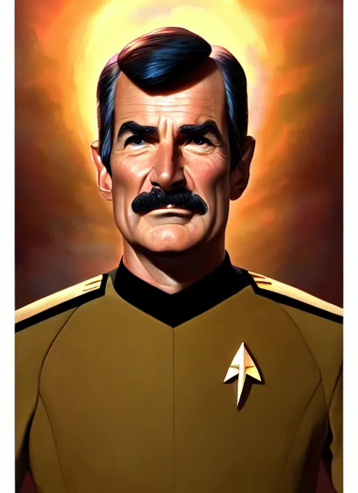 Image similar to star trek officer daniel plainview, natural lighting, path traced, highly detailed, high quality, digital painting, by don bluth and ross tran and studio ghibli and alphonse mucha, artgerm