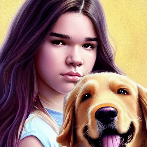 Prompt: Hailee Steinfeld facing forward and petting Golden Retriever wearing eyepatch, Kate Bishop, Marvel, Hawkeye, blush, intricate, face, cute, elegant, light purple mist, highly detailed, digital painting, artstation, concept art, matte, sharp focus, illustration, art by Artgerm and Greg Rutkowski and Alphonse Mucha