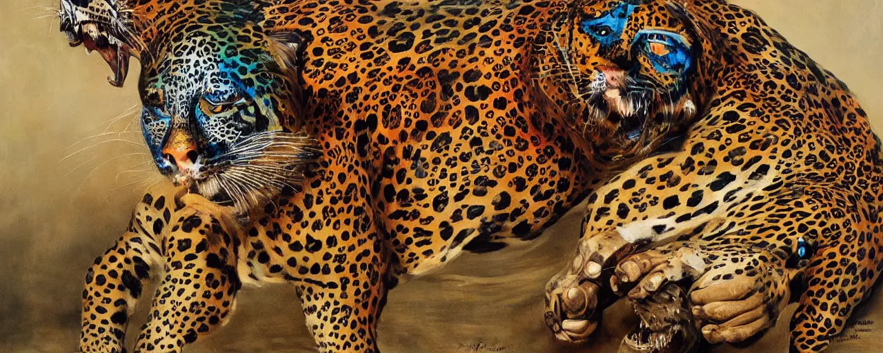 Image similar to an intricated and detailed painting of a shaman turning into a jaguar by salvador dali 4 k render