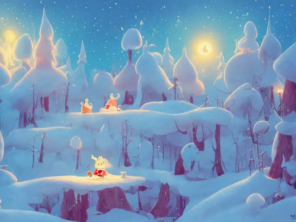 Image similar to moomins in a magic space wonderland, looking cute, illustration, warm colors, fluffy, cozy, hyperrealistic, low light, volumetric light, smooth, trending on artstation