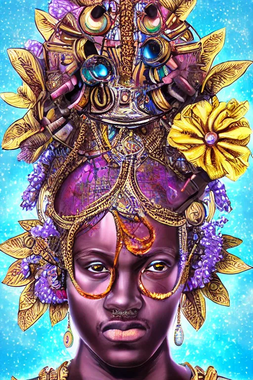 Prompt: opalescent retrofuturistic digital airbrush illustration of an african warrior wearing an ornate gpu headpiece and holding a flower with a map of the collective subconscious in the background by luigi patrignani