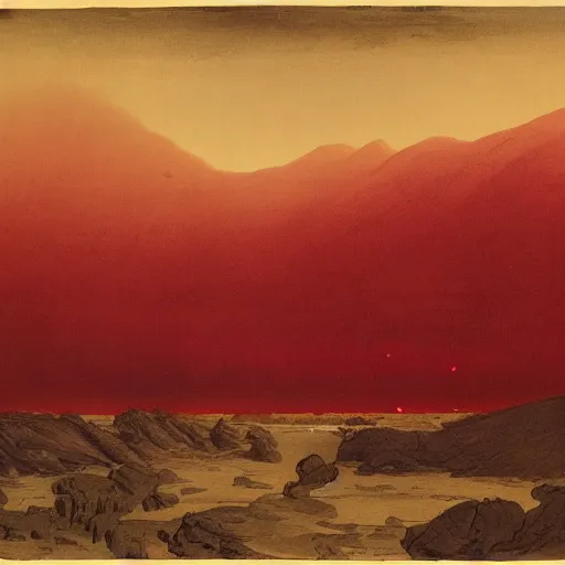 Image similar to a landscape made of giant intestines and other organs, monoliths of bone, rivers of blood, under an oppressive red sky, edgar payne