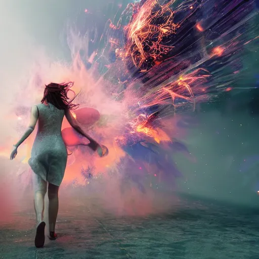 Image similar to Photorealistic magic goddess walking away from an explosion. Hyperdetailed photorealism, 108 megapixels, amazing depth, glowing rich colors, powerful imagery, psychedelic Overtones, 3D finalrender, 3d shading, cinematic lighting, artstation concept art