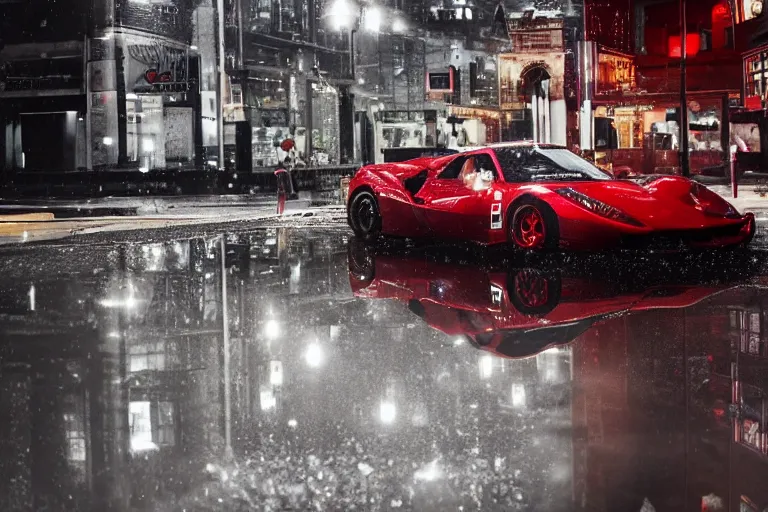 Image similar to a ferrari enzo parked on a rainy city street, reflected in a puddle, neon lights, night time, beautiful lighting