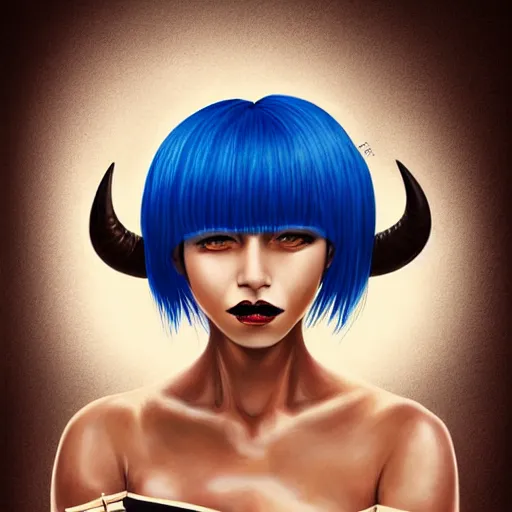 Image similar to illustrated realistic portrait of ram-horned devil woman with blue bob hairstyle and her tan colored skin and with solid black eyes wearing leather by rossdraws