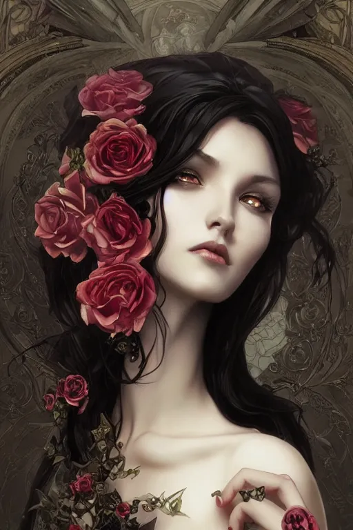 Image similar to beautiful gothic female with black roses surrounding her, Black Hair, intricate, elegant, highly detailed, digital painting, artstation, concept art, smooth, sharp, focus, illustration, art by artgerm and greg rutkowski and alphonse mucha and Ray Caesar and Benjamin Lacombe