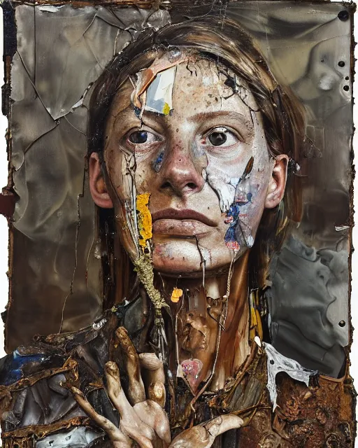 Prompt: a full length portrait of a very ordinary young woman with a troubled expression, Anselm Kiefer and Lucian Freud and Jenny Saville, oil painting, rust, Scaffolding, rusted metal and sunflowers, iron cladding, decay, mixed media, textured, anatomically correct, beautiful perfect face, visible brushstrokes, sharp focus, Highly Detailed, photographic emulsion cracked and peeling, Cinematic Lighting, 8k, HD