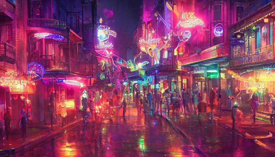 Image similar to futuristic bourbon street with color lights at night, fanfare, hyperdetailed, artstation, cgsociety, 8 k