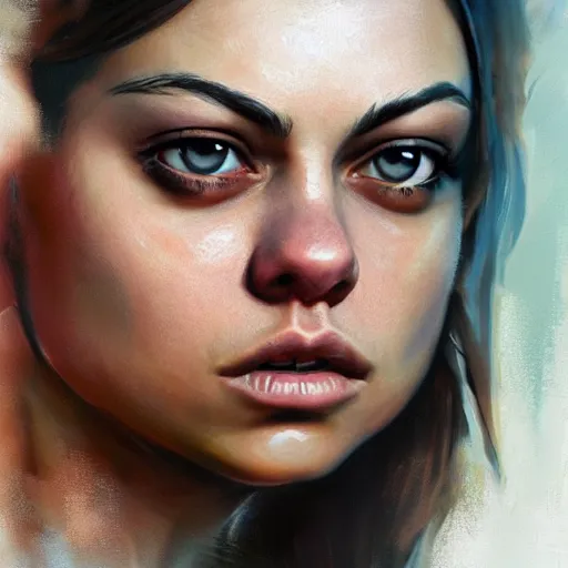 Image similar to winking mila kunis closeup portrait, dramatic light, lake background, 2 0 0 mm focal length, painted by stanley lau, painted by greg rutkowski, painted by stanley artgerm, digital art, trending on artstation