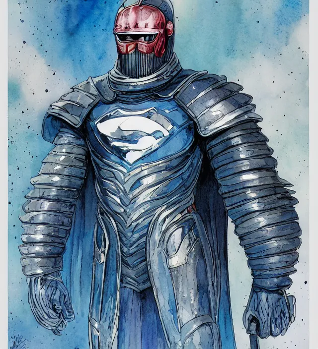 Image similar to a watercolor ink painting of a superhero knight in the style of jean giraud in the style of moebius trending on artstation deviantart pinterest detailed realistic hd 8 k high resolution