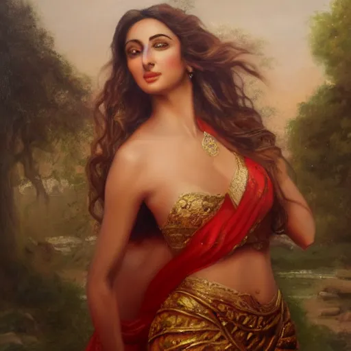 Image similar to Kiara Advani Aphrodite. history painting, dusk, implacable, artstation, oil on canvas, by Albert Aublet, Private Collection