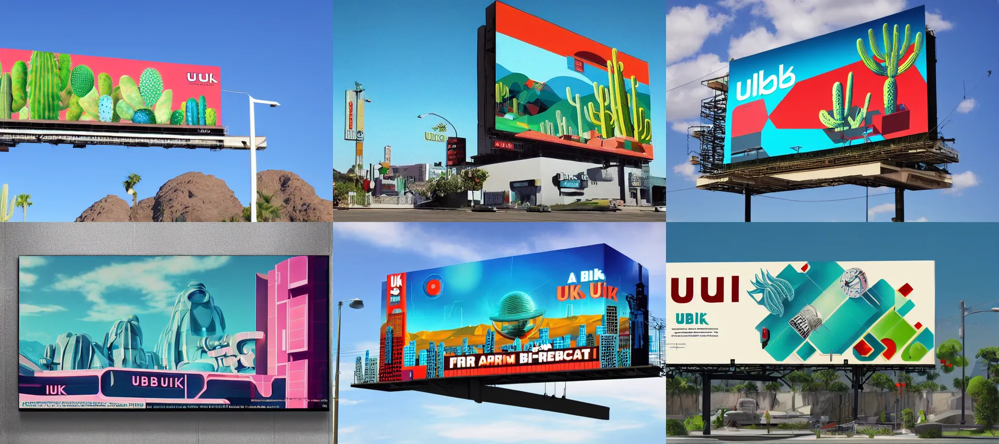 Prompt: an advertisement billboard for UBIK, retro-futurism style-art deco style-sci-fi- 3d geometric landscape with cactus