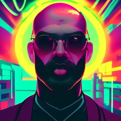 Image similar to portrait of a bald man, synthwave, universe background, symmetrical, artstation