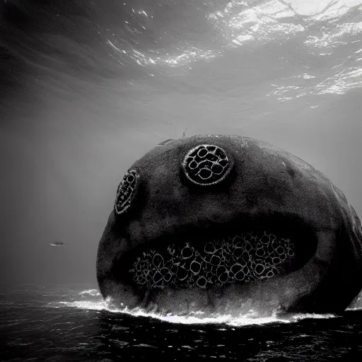 Image similar to a gigantic lovecraftian cyclope emerging from under the ocean, old 3 5 mm ilford black and white, photorealistic