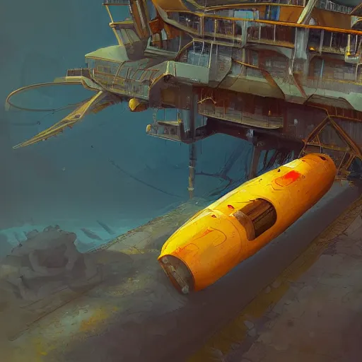 Image similar to submarine painted yellow lifted out of ocean by blue research vessel, golden hour, by tyler edlin, artstation