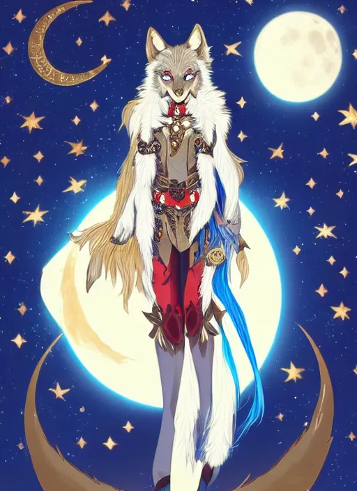 Image similar to commissioned full body portrait of a female anthro wolf princess fursona with a wolf head white fur and long red hair hair wearing a blue and gold Japanese armored dress in a white and gold palace on a starry night with a large crescent moon, by a professional manga illustrator, by Kilian Eng, by Sandra Chevrier, trending on artstation