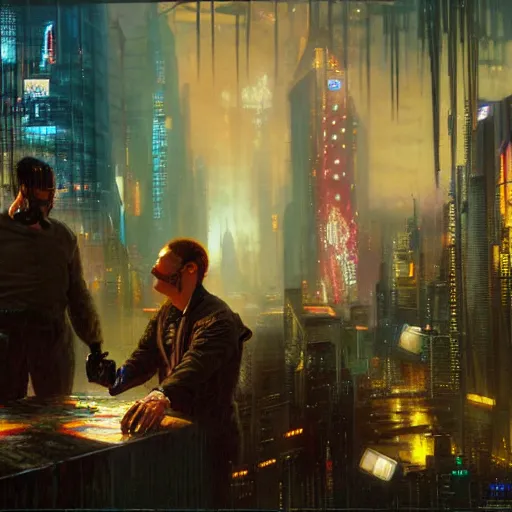 Image similar to a man stealing another man's dreams, cyberpunk, painted by howard david johnson and james gurney