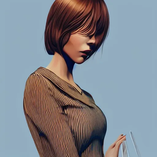 Prompt: slim cruel girl in striped dress with brown bob hair, elegant, 2 d, ultra highly detailed, digital painting, smooth, sharp focus, artstation, art by ilya kuvshinov,