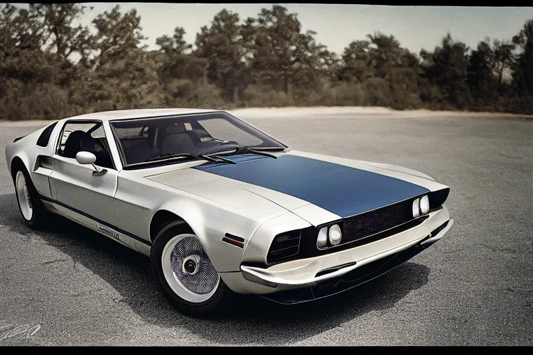 Image similar to designed by john delorean stylized poser of a single 1 9 6 9 fastback mustang ( mk 2 ford gt 4 0 ) delorean, large led lights, ektachrome photograph, volumetric lighting, f 8 aperture, cinematic eastman 5 3 8 4 film