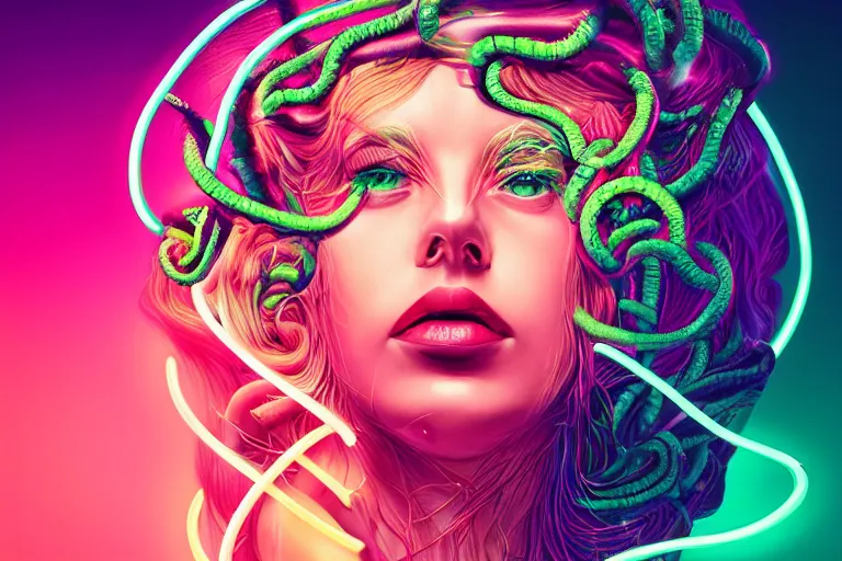 Image similar to photo of surreal medusa gorgo in neon lighting, elegant, highly detailed, smooth, sharp focus, trippy, dmt, psychedelic, illustration, beautiful, geometric, trending on artstation, cinematic, artwork by WLOP