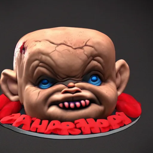 Image similar to birthday cake shaped like screaming chucky doll, octane render, centered