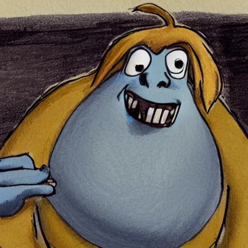 Image similar to courtroom sketch of Grug from the Croods on trial for eating all the bananas