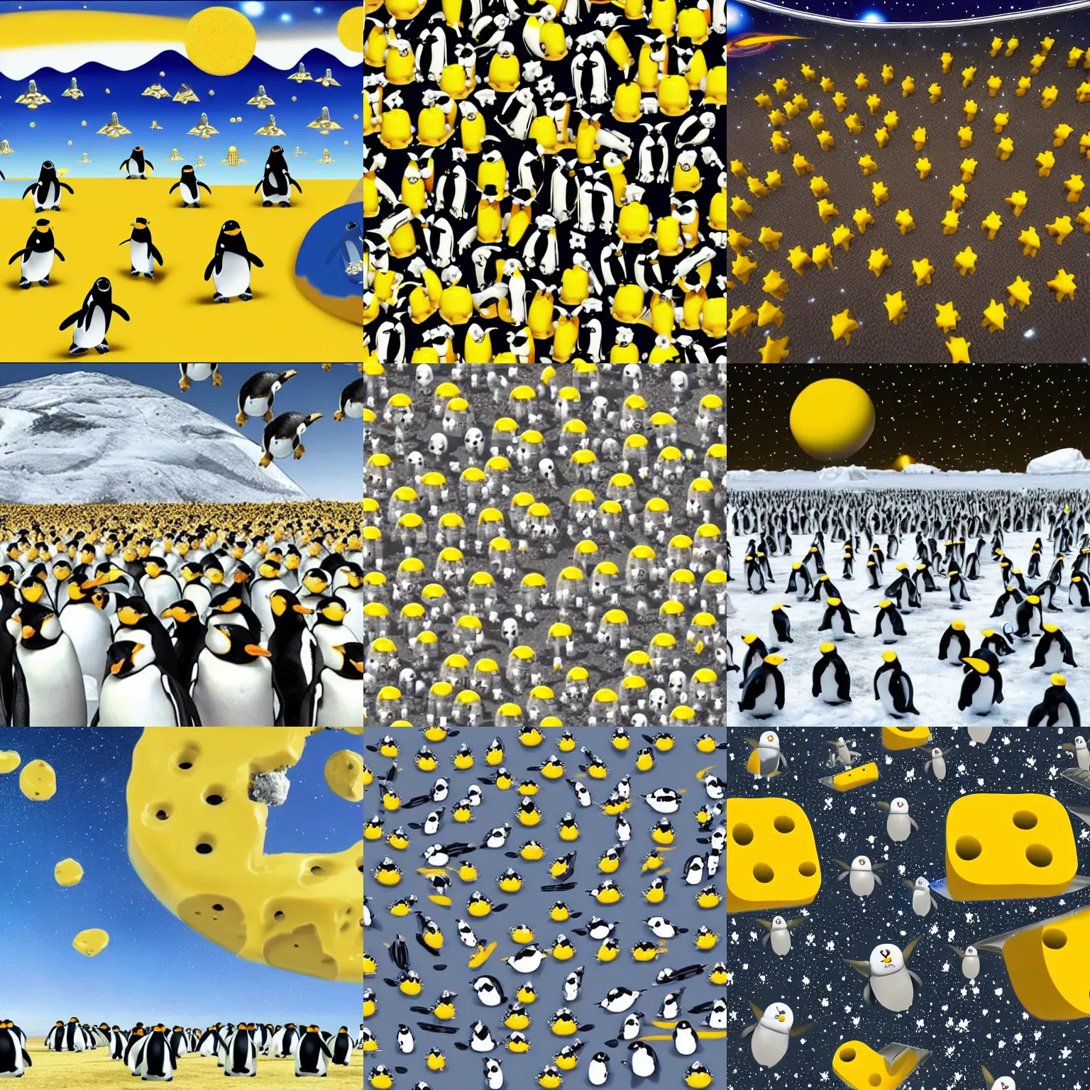 Prompt: planet made of yellow swiss cheese in space, army of robotic penguins, soldier penguins, invasion, formation, hyper-realistic