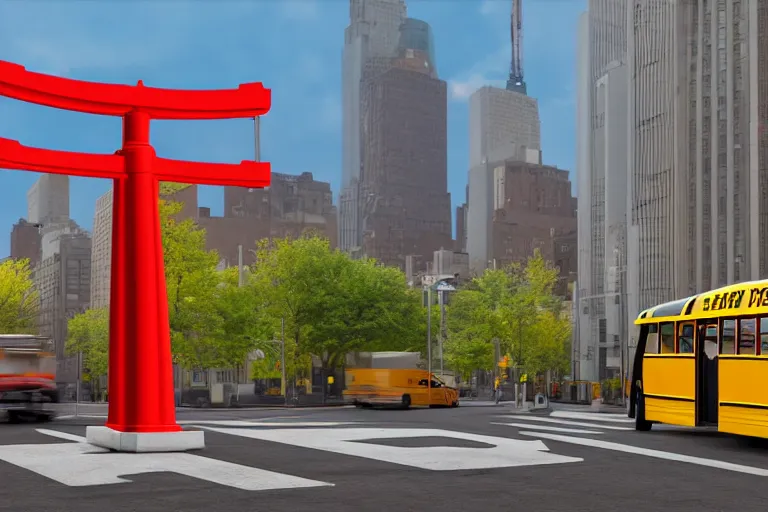 Image similar to Yellow school bus, a red japanese Torii gate, New York location in USA, atomic bomb dropping from the sky, ray tracing, high detail, 4K