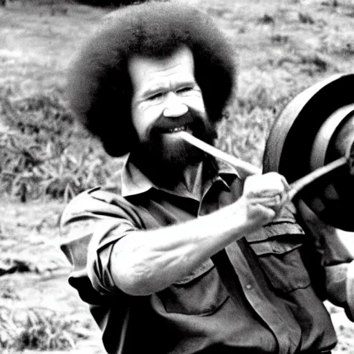 Prompt: bob ross rolling a metal barrel in the vietnam war