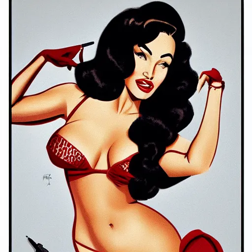 Prompt: a retro pinup illustration of megan fox in the style of alberto vargas and in the style of loish.