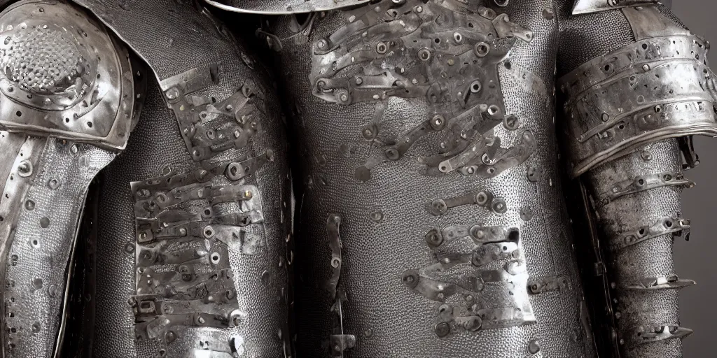 Image similar to an editorial photo of a designer jacket inspired by medieval armour designed by kanye, studio lighting, sigma 50mm, ƒ/8, focal length: 50mm