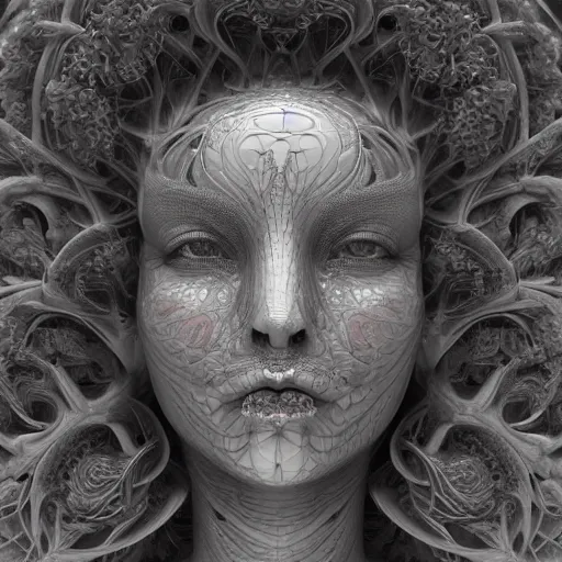 Image similar to beatifull frontal face portrait of a woman, 150mm, anatomical, flesh, flowers, mandelbrot fractal, symmetric, intricate, elegant, highly detailed, ornate, ornament, sculpture, elegant , luxury, beautifully lit, ray trace, octane render in the style of peter Gric and alex grey