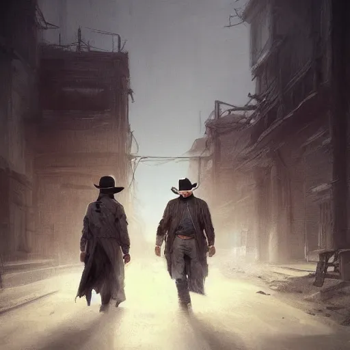 Prompt: portrait of a man with a long duster, grey hair and a cowboy hat walking in an old west town, harsh good looking face, middle aged, drawn by ruan jia, disco elysium style, fantasy art, dramatic lighting, digital art, 8 k, highly detailed