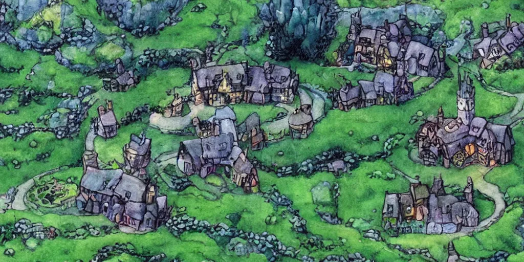 Prompt: a film still of a house from howl's moving castle!!!!! of hobbiton, light bloom, studio ghibli!!!!!