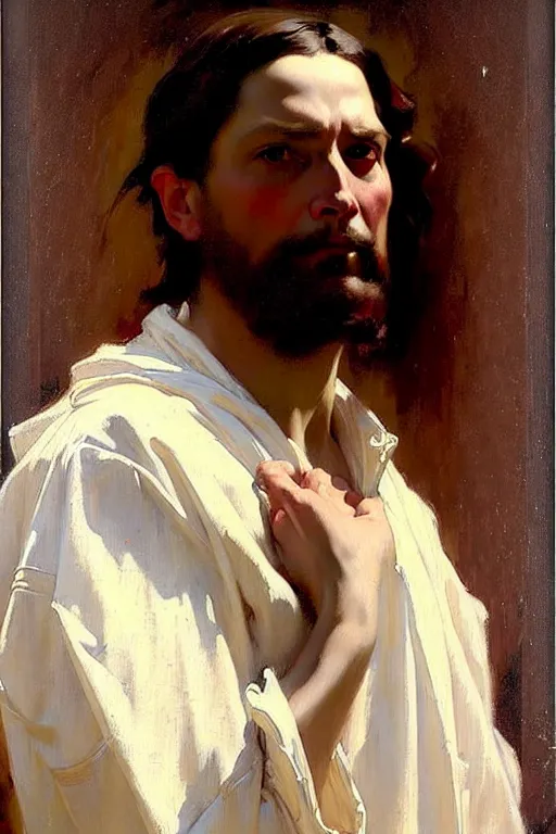 Image similar to leyendecker and solomon joseph solomon and richard schmid and jeremy lipking victorian loose genre loose painting full length portrait painting of jesus