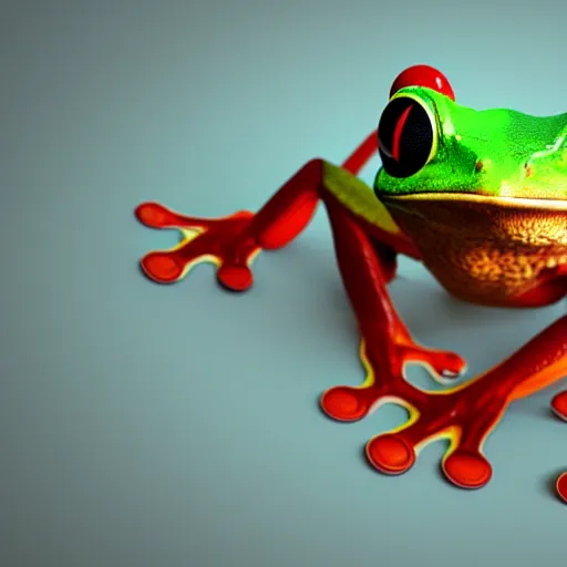 Prompt: a red - eyed tree frog with one eye, 3 d model, high quality, sharp focus, octane render