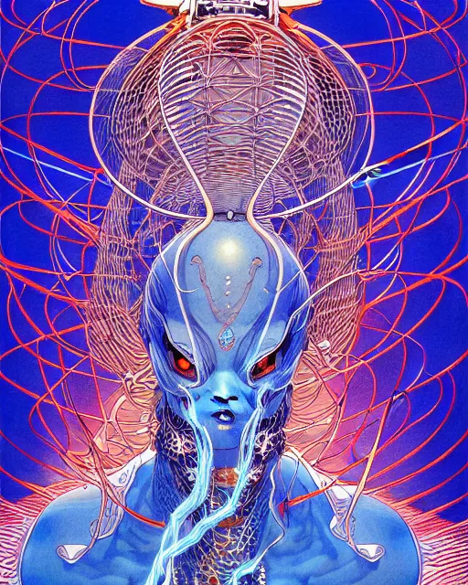 Prompt: hyper detailed illustration of a blue ghost djinn with microphone, intricate linework, lighting poster by moebius, ayami kojima, 9 0's anime, retro fantasy