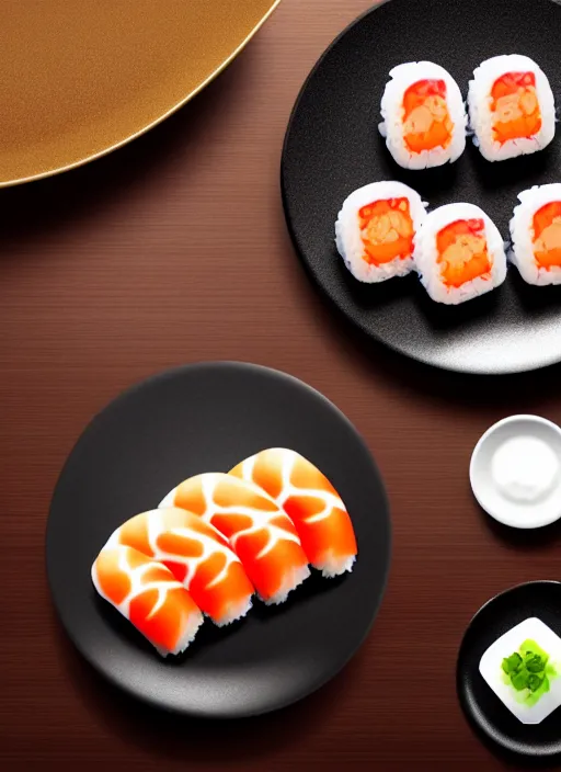 Image similar to clear photorealistic picture of simple cute cat paws made from sushi rice, sitting on sushi plates with garnish