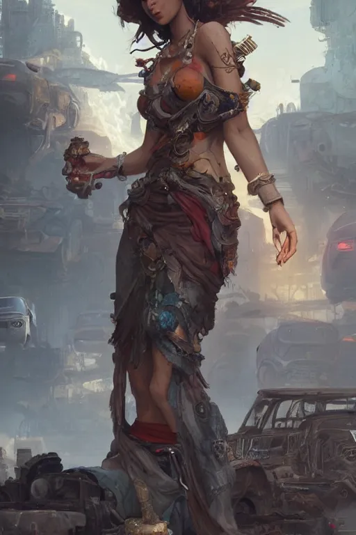 Image similar to goddess of the junkyard, highly detailed, digital painting, artstation, concept art, smooth, sharp focus, illustration, unreal engine 5, 8 k, art by artgerm and greg rutkowski and edgar maxence