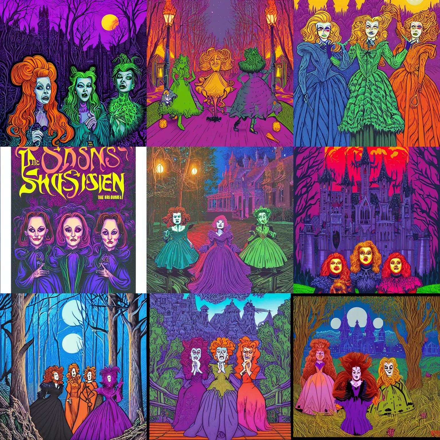 Prompt: the sanderson sisters, painting by dan mumford