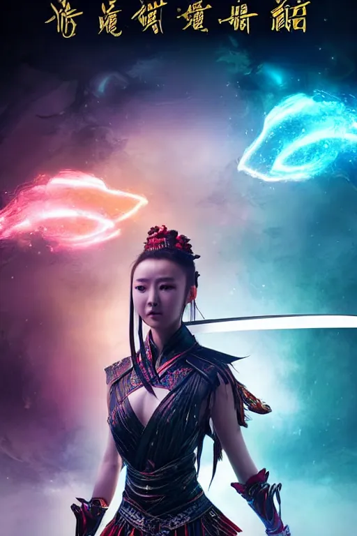 Image similar to beautiful cinematic fantasy poster, wuxia sword dance heroine, beautiful glowing galaxy eyes, hybrid from Dynasty Warriror and art direction by tian zi and WLOP and Darius Zawadzki cinematic quality character render; low angle; ultra high quality model; production quality cinema model;