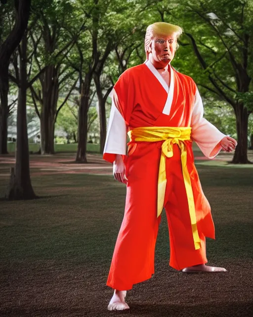 Image similar to award winning 5 5 mm portrait photo of trump as songoku, in a park. rule of thirds.