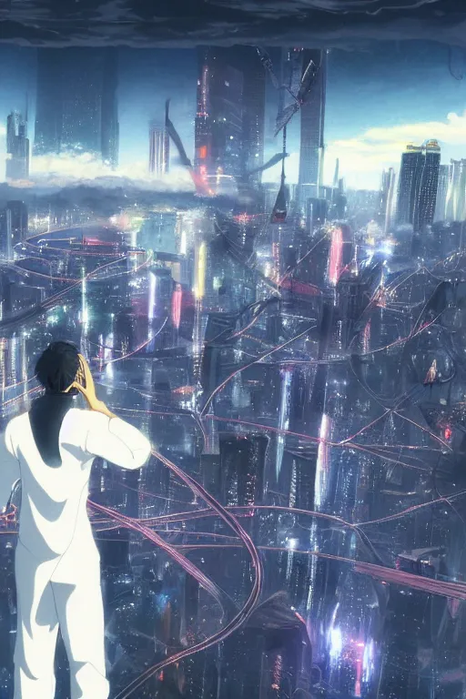 Prompt: man in white tracksuit overlooking a cyberpunk city, style of Mirror\'s Edge, dreamy, beautiful clouds, beautiful artwork by Makato Shinkai + Satoshi Kon, anime