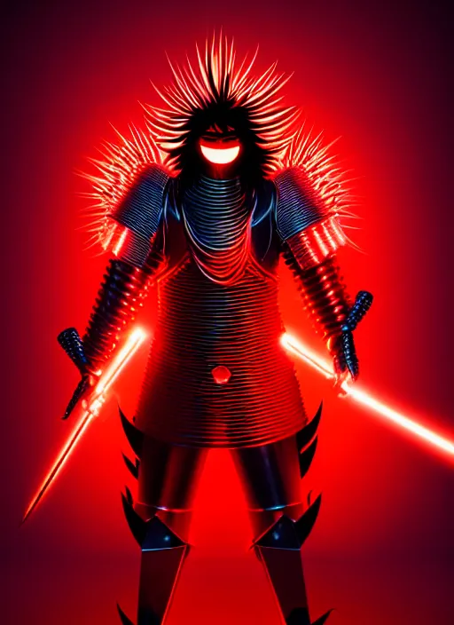 Image similar to a striking cinematic full body manga portrait of a long black haired masked male teenager wearing imposing red jagged spiked plate armour and glowing with raging powerful red energy by hirohiko araki and beeple, fine details, digital art, character concept art, volumetric lighting, cinematic light, photorealistic